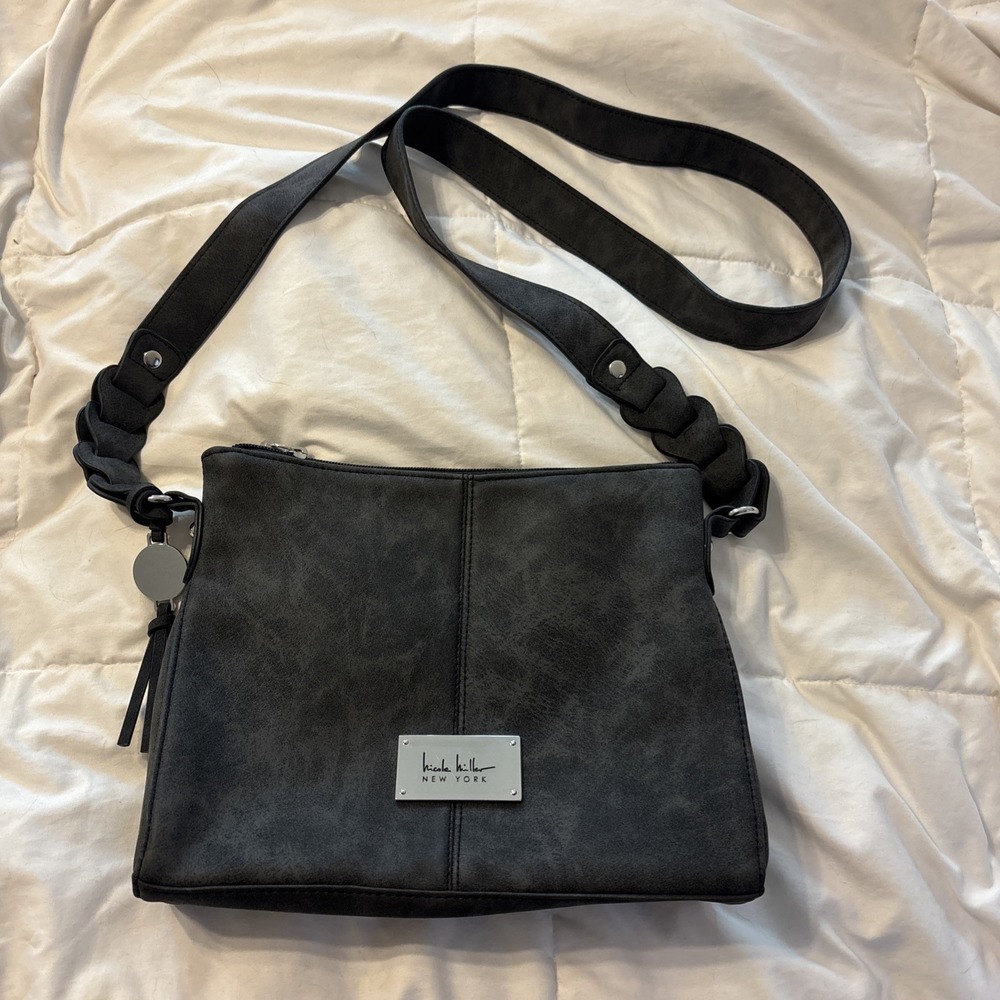 Nicole Miller Dark Gray Faux Suede Crossbody Handbag Silver Hardware Medium Bag